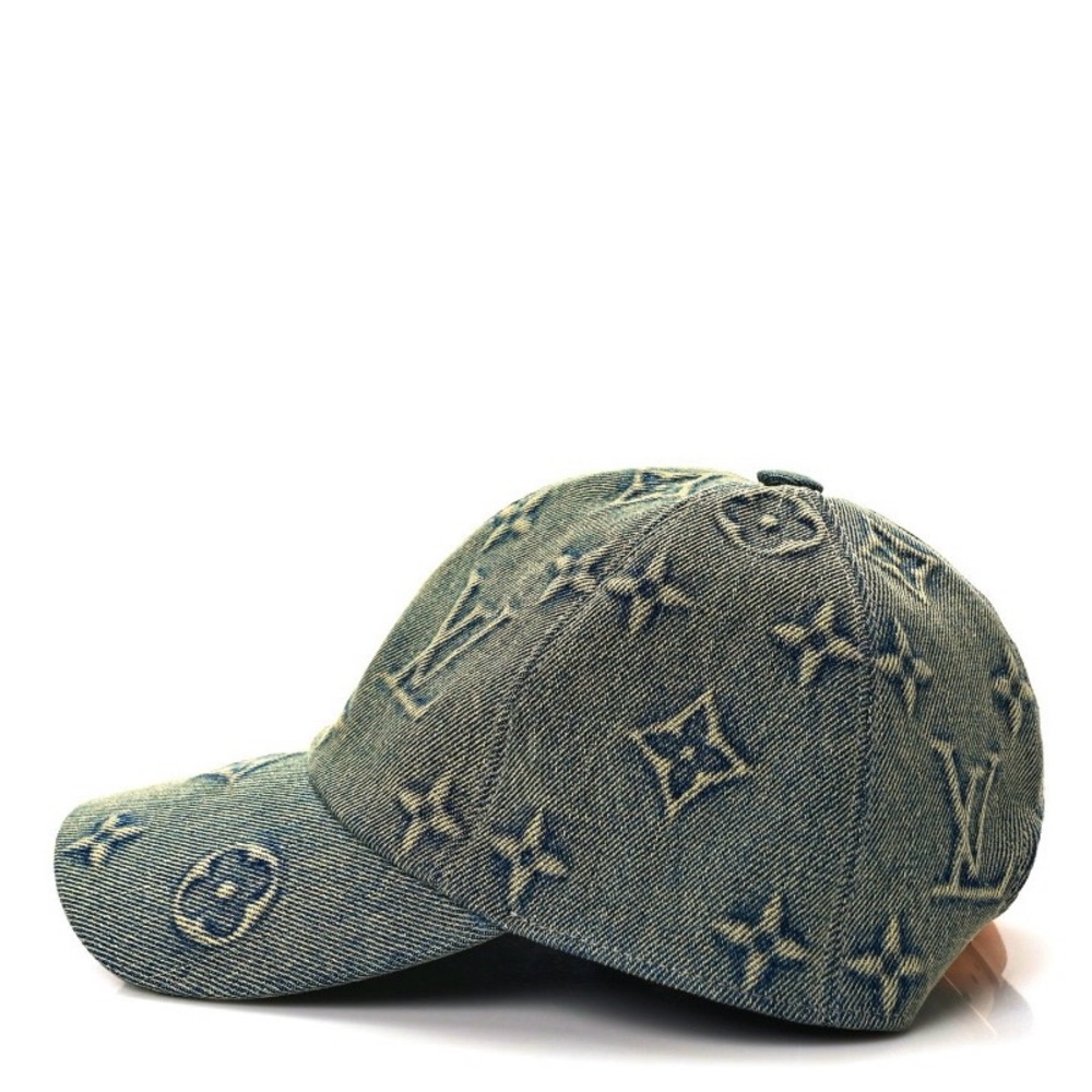 Monogram Denim Embossed Baseball Cap Hat Stiff Logo Canvas Leather Back Strap - Picture 5 of 10